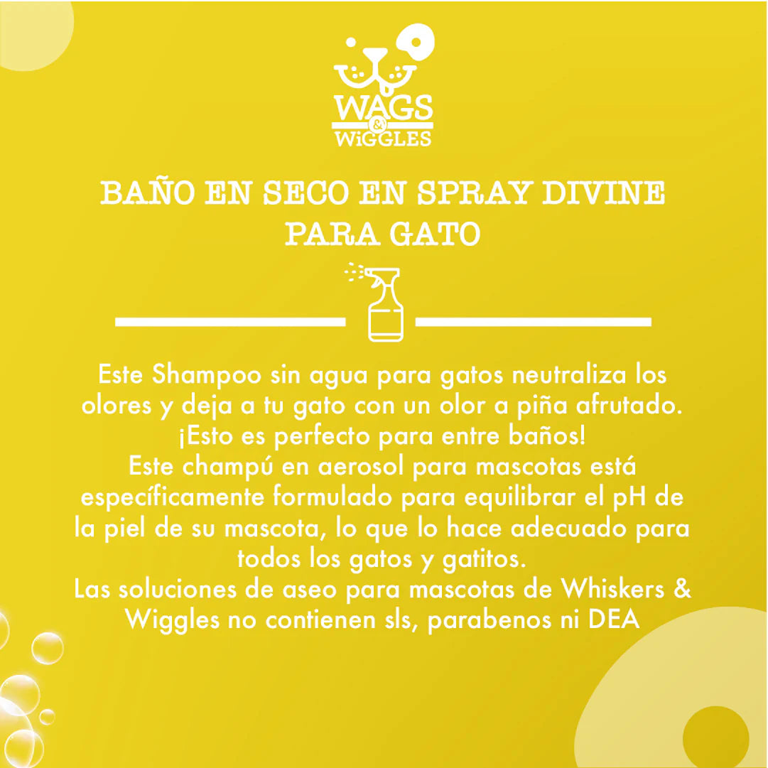 Shampoo en spray sin agua Wags & Wiggles para gatos, refresca y elimina olores. Aroma a Piña. 355 mL