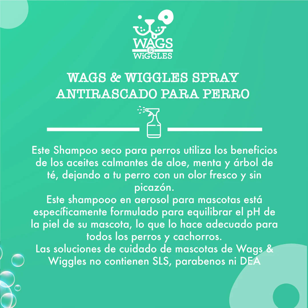 Shampoo spray anti-rascado para perros Wags & Wiggles, aceites calmantes. Aroma fresco. 355 m