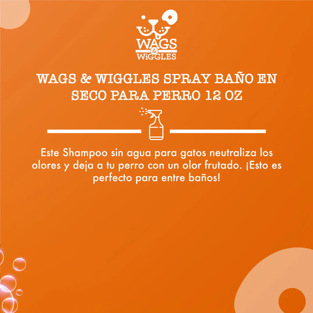 Shampoo en spray en seco Wags & Wiggles para perros, refresca y elimina olores. Aroma frutado. 355 mL