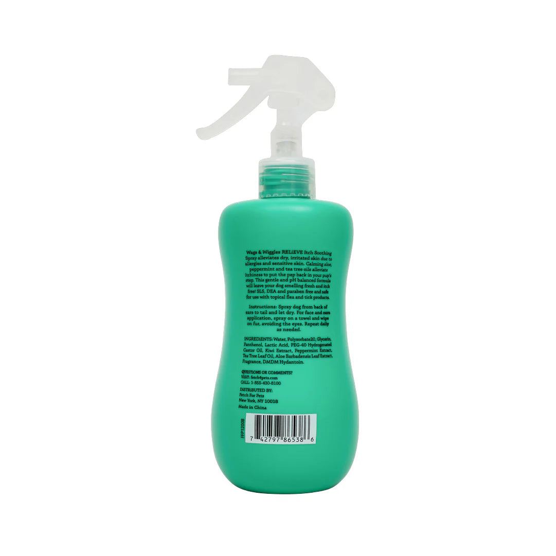 Shampoo spray anti-rascado para perros Wags & Wiggles, aceites calmantes. Aroma fresco. 355 m