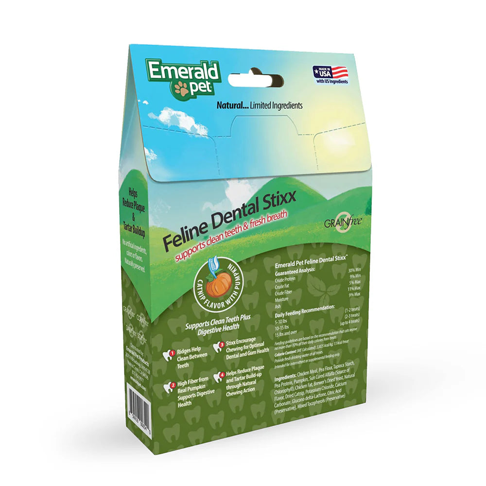 Premios Para Gatos Dental Stixx Emerald Pet Sin Granos, Sabor Catnip y Calabaza 3.6 oz.